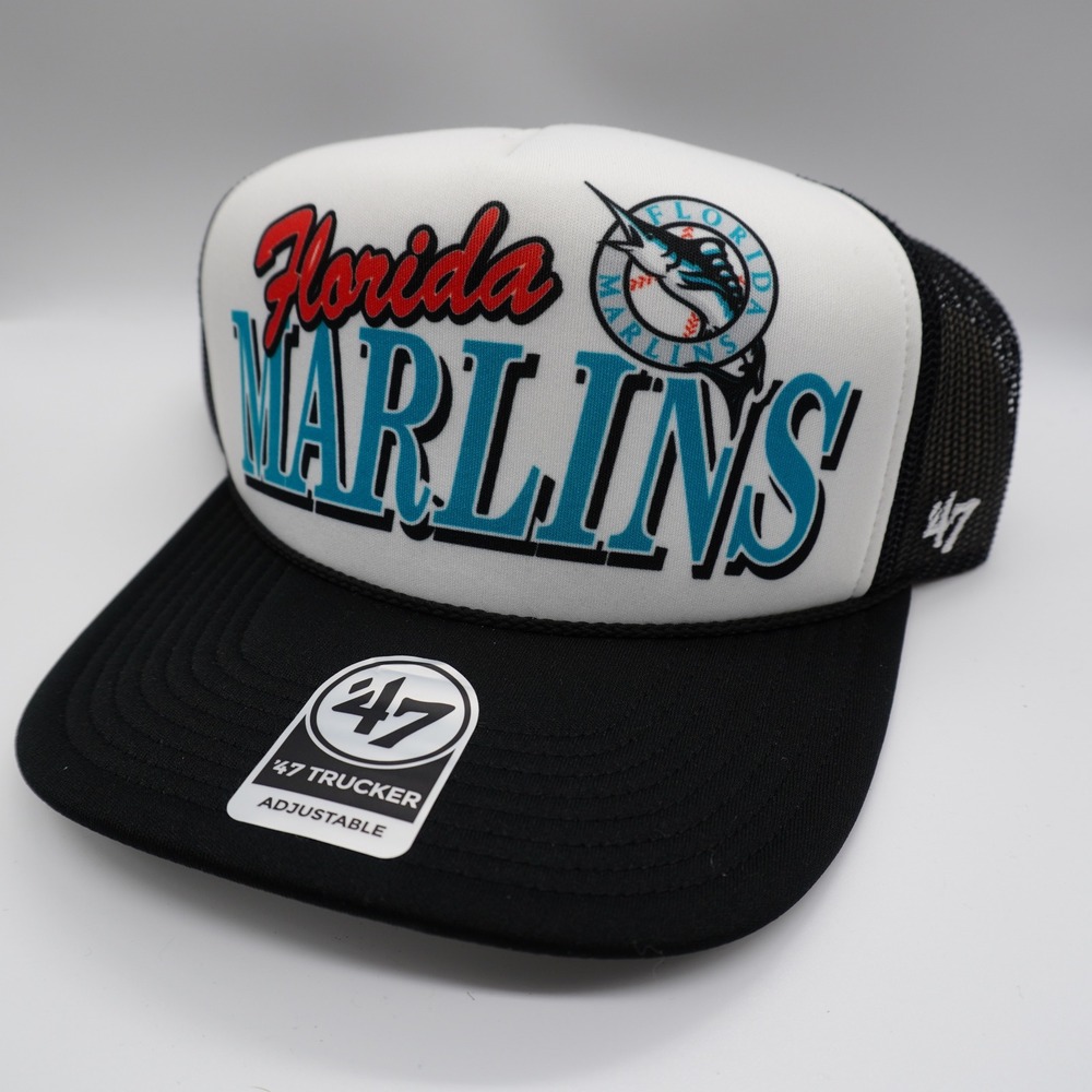 '47 Florida Marlins Trucker Hat Mens OSFM Black White Creedence Foam MLB Cap